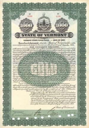 State of Vermont - $1,000 1927 dated Bond