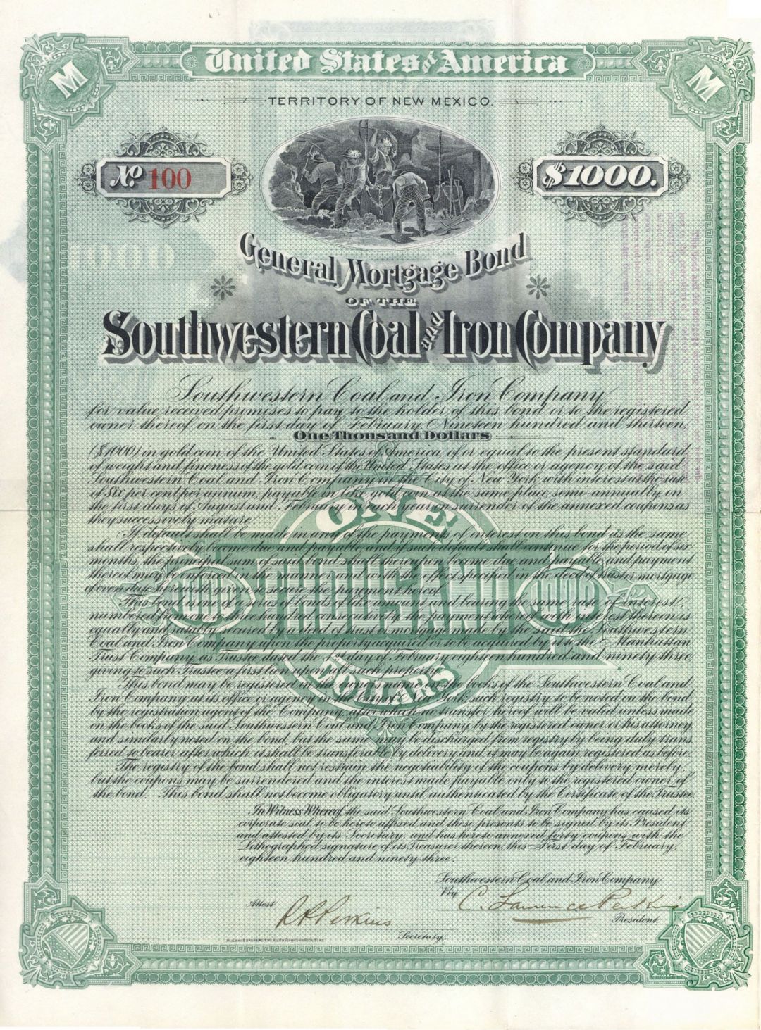 Southwestern Coal and Iron Co. - 1893 $1000 Bond