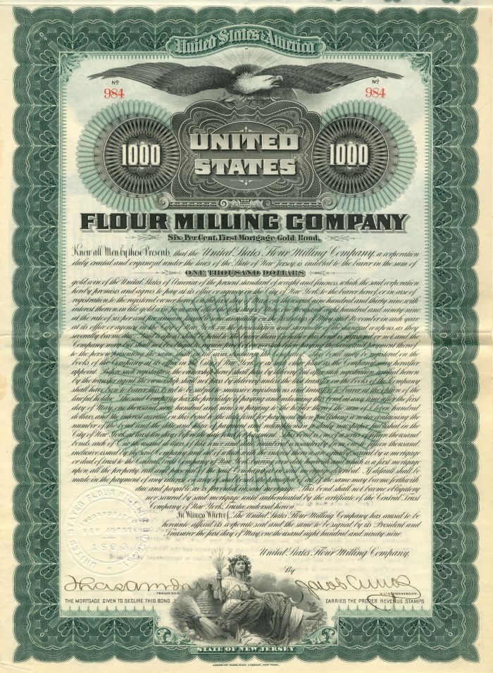 United States Flour Milling Co. - 1899 dated $1,000 Gristmill Bond (Uncanceled)