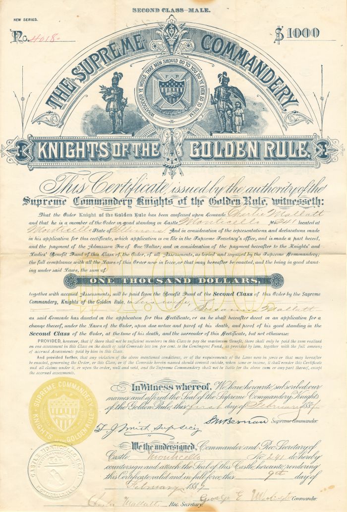 Supreme Commandery Knights of the Golden Rule - $1,000 Bond