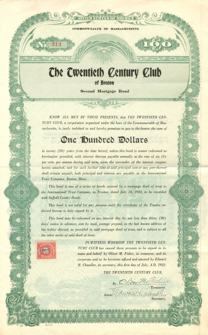 Twentieth Century Club of Boston - $100 Bond