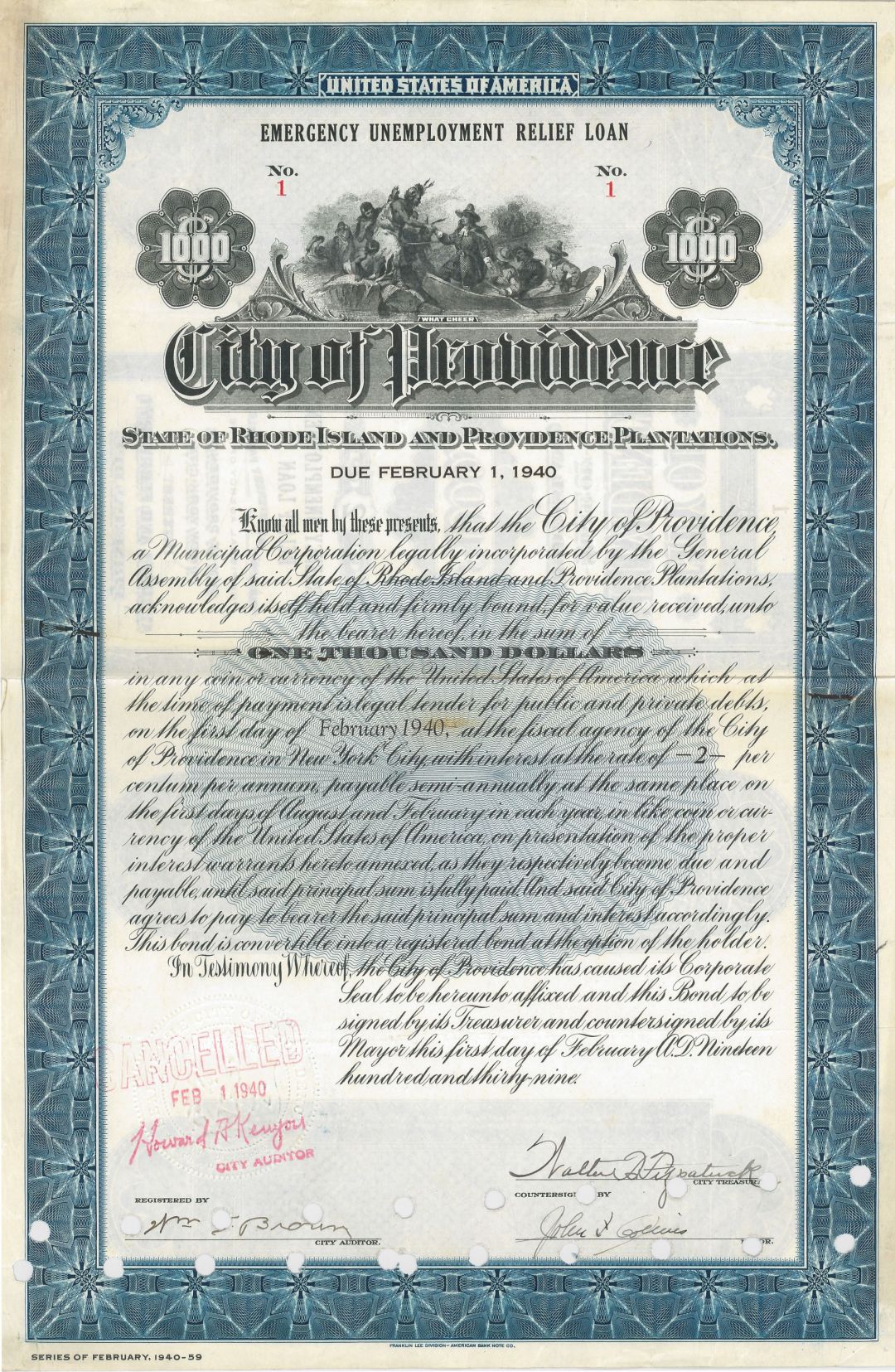 City of Providence - Certificate Serial No.1 - Bond