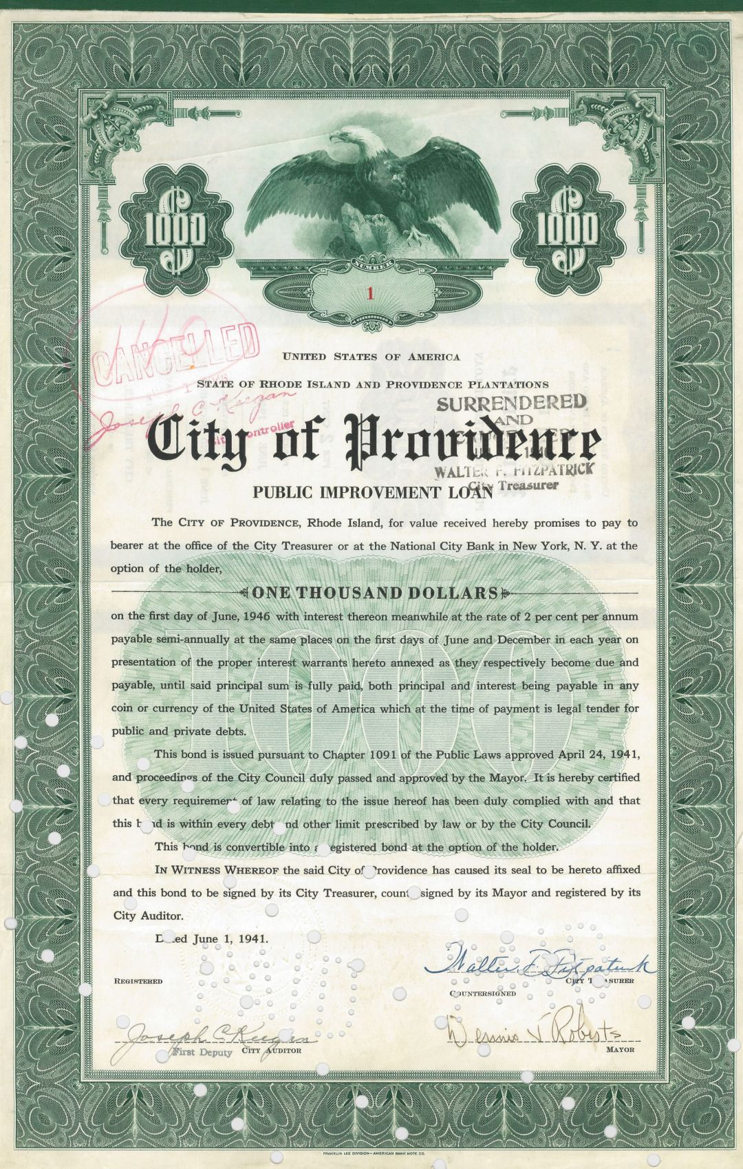 City of Providence - Certificate Serial No.1 - Bond