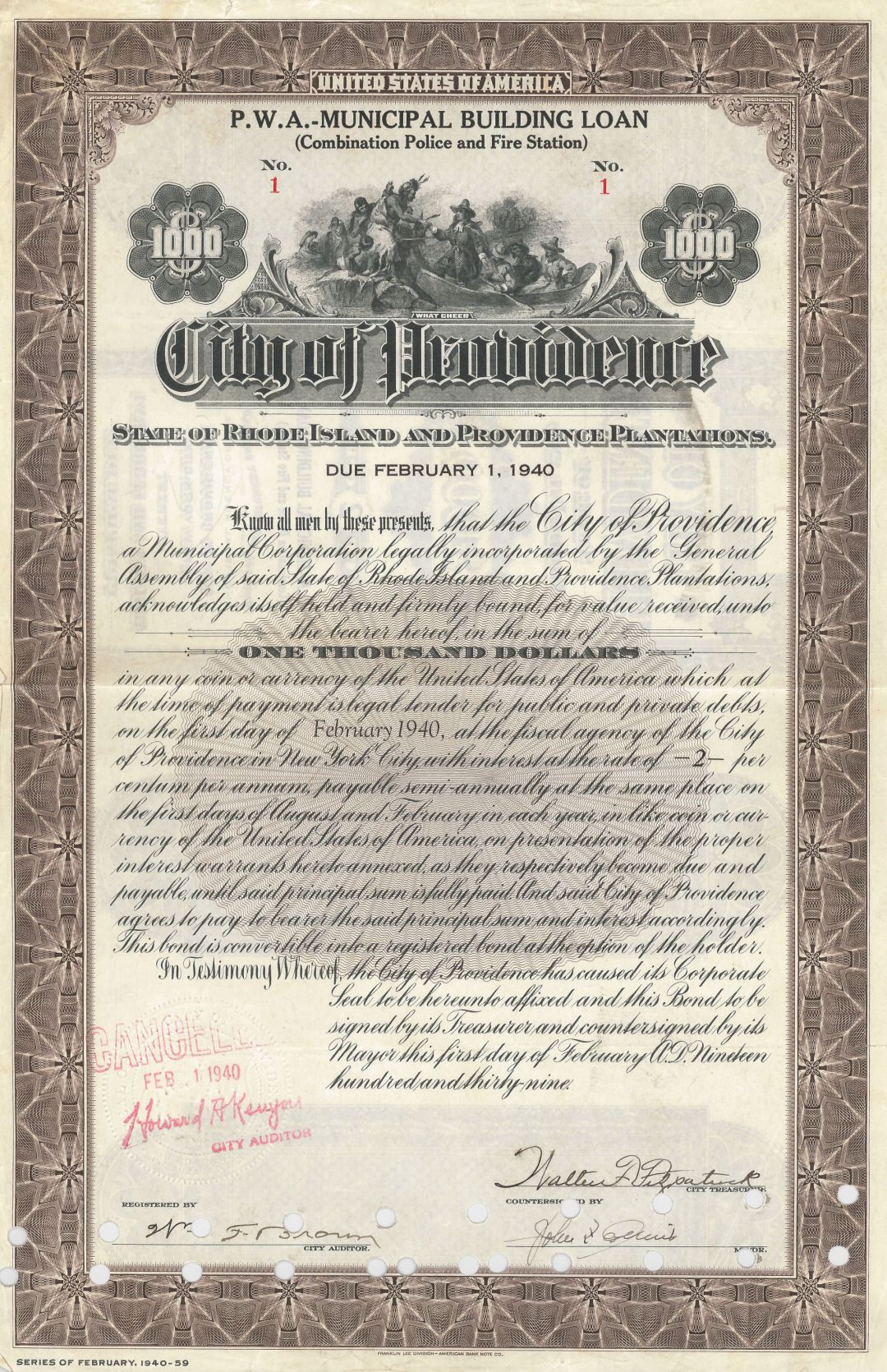 City of Providence - Certificate Serial No.1 - Bond