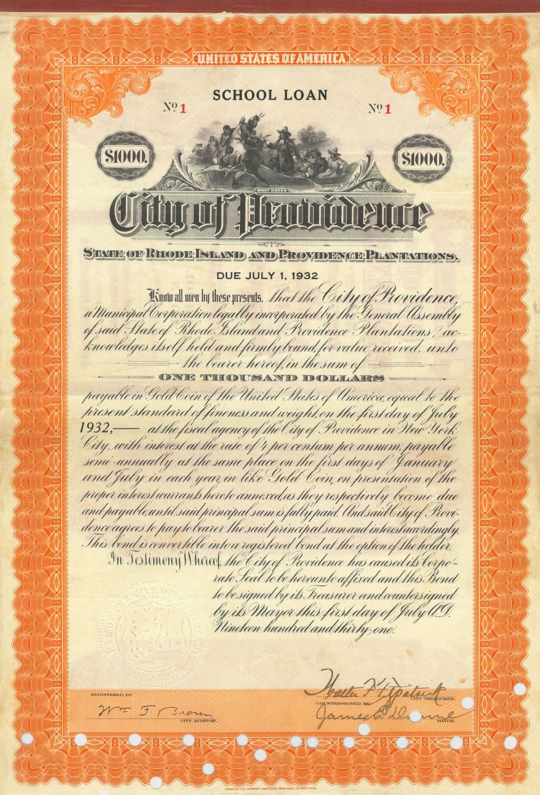 City of Providence - Certificate Serial No.1 - Bond