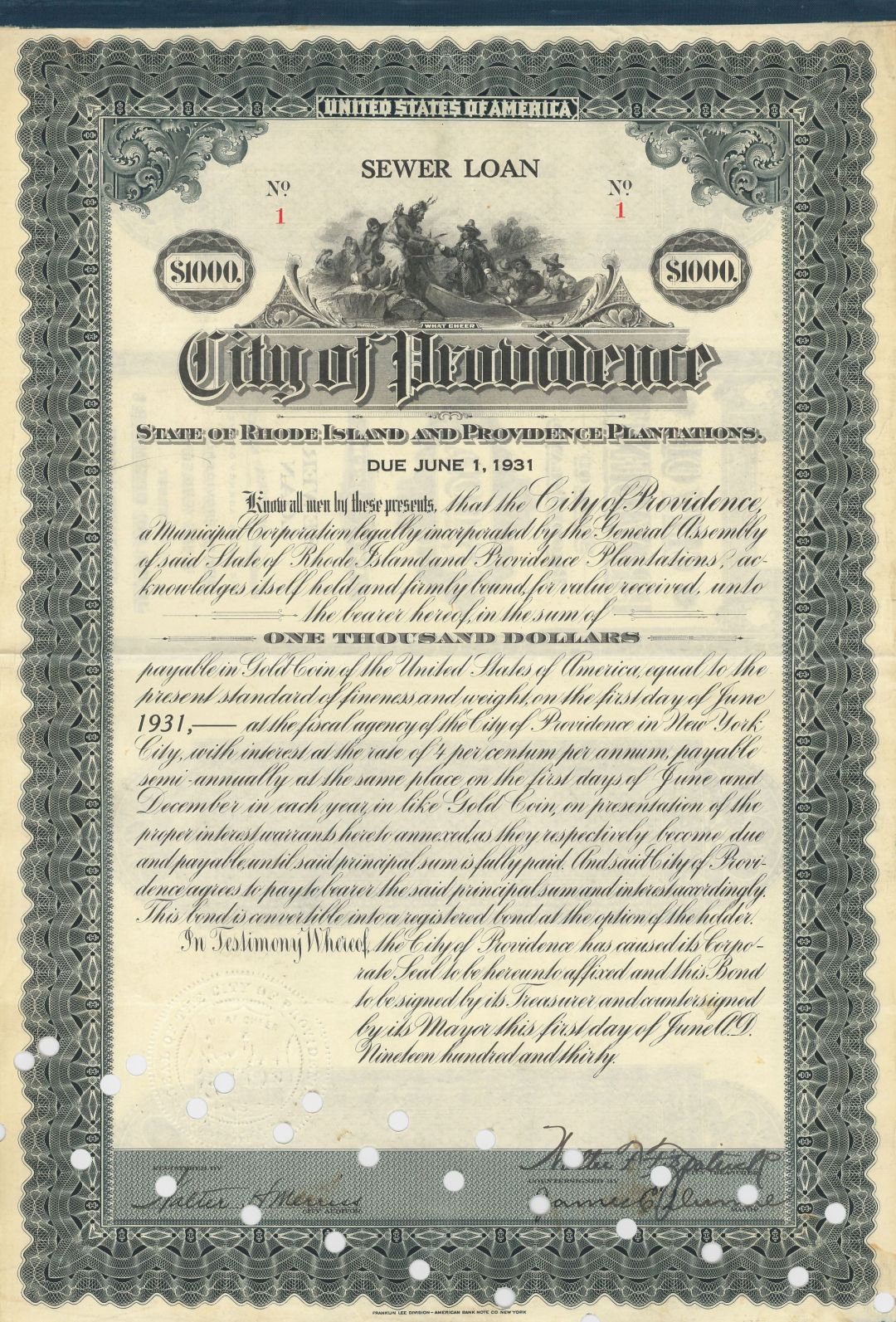 City of Providence - Certificate Serial No.1 - Bond