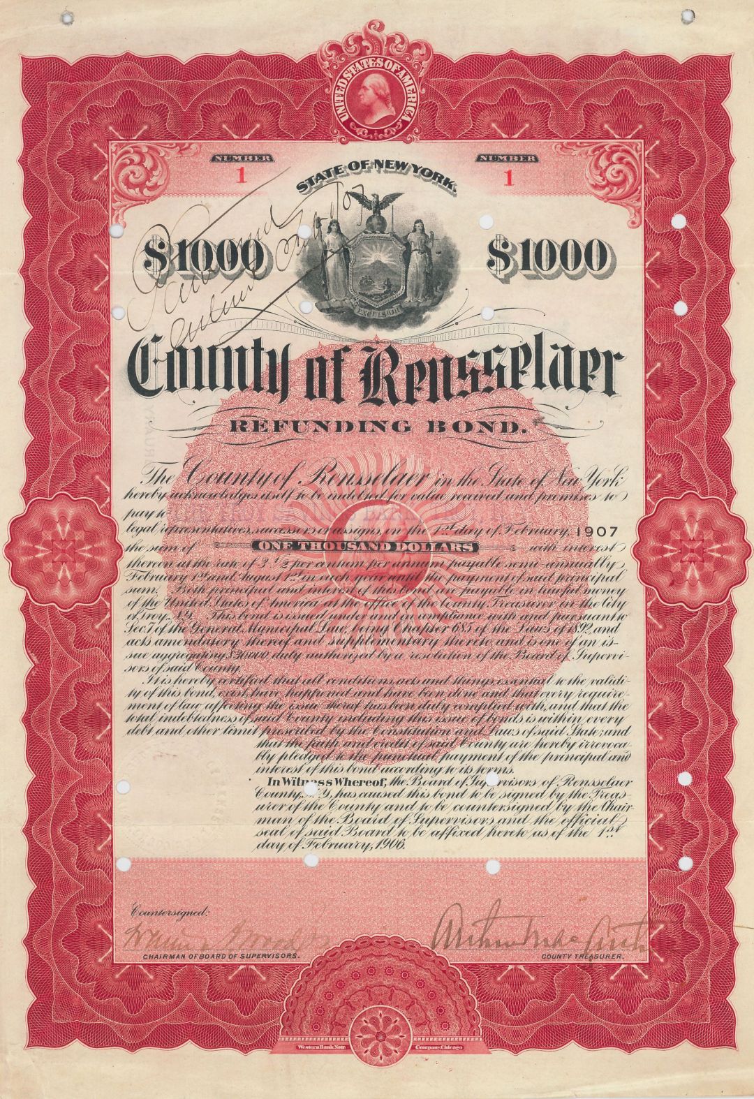 County of Rensselaer - Certificate Serial No.1 - Bond