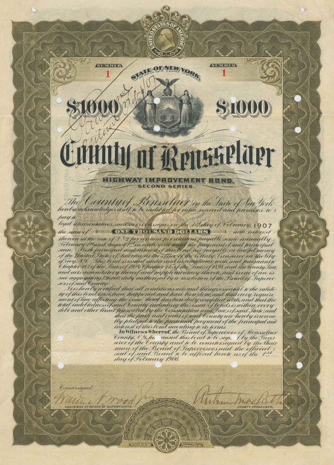 County of Rensselaer - Certificate Serial No.1 - Bond