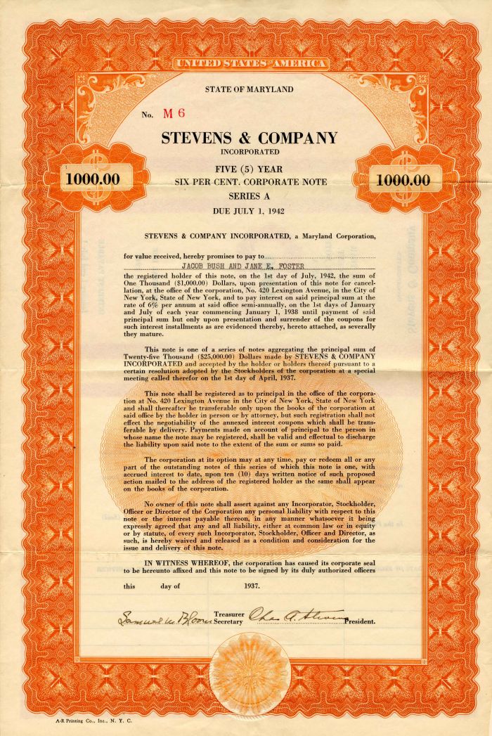 Stevens and Co. Incorporated - $1,000 - Bond