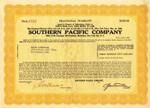 Southern Pacific Co. - 1929 dated $350 Railway Fractional Warrant for Subscription Rights to Forty-Year 4 1/2% Gold Bonds of 1929