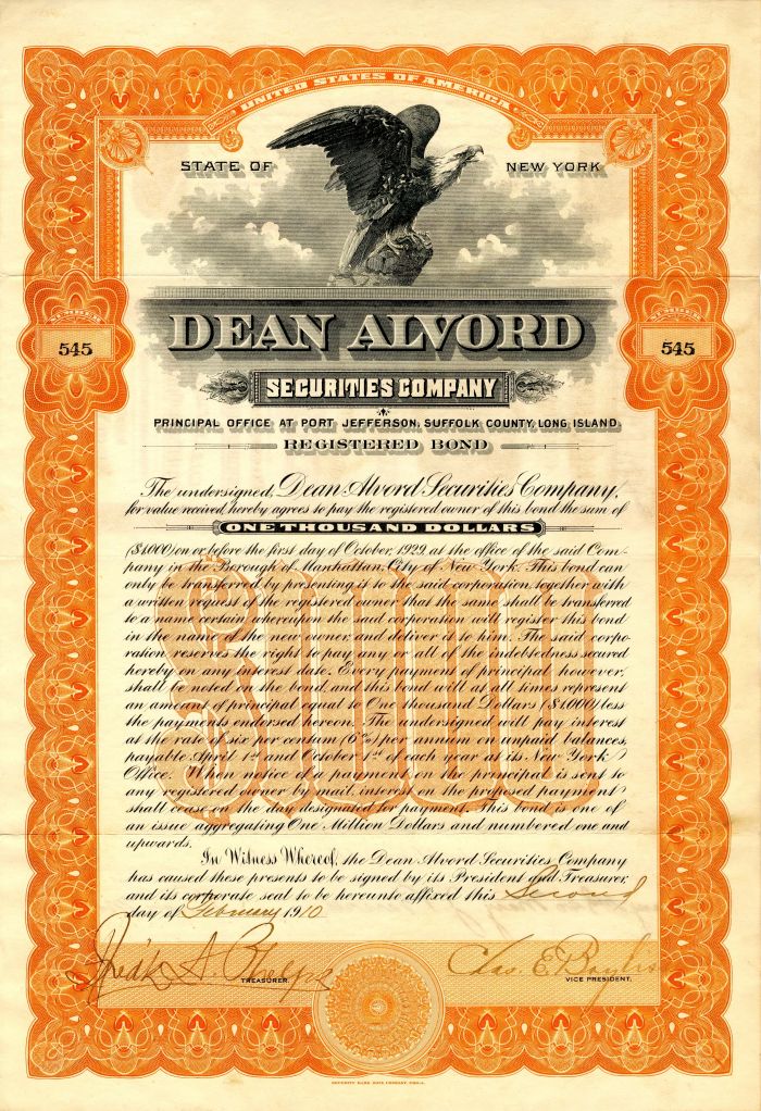 Dean Alvord Securities Company - $1,000