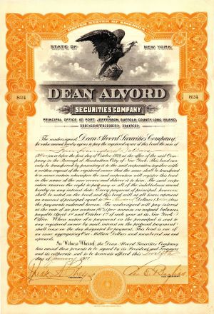 Dean Alvord Securities Co. - $1,000 Investment Bond - Great History