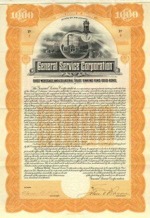 General Service Corporation - 1913 dated $1,000 Delaware Gold Bond