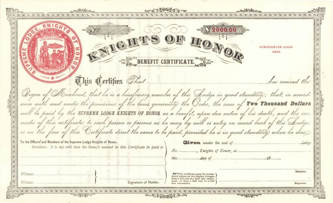 Knights of Honor - $2,000 Benefit Certificate