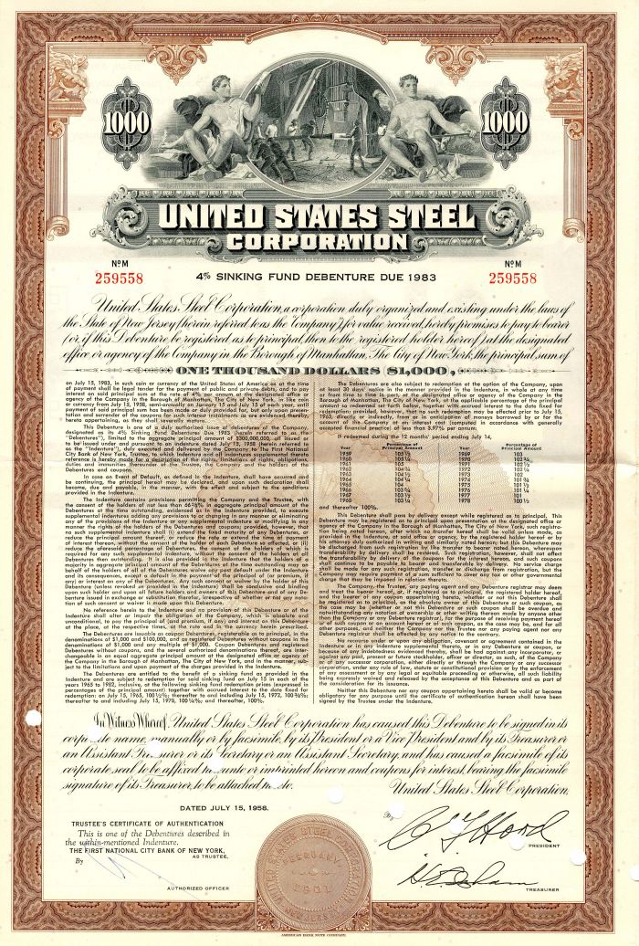 United States Steel Corporation - 1958 dated $1,000 4% Sinking Fund Bond