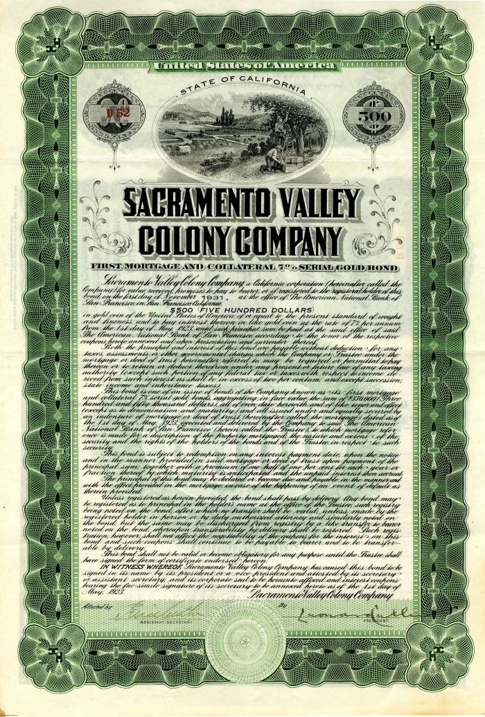 Sacramento Valley Colony Co. - Bond (Uncanceled)