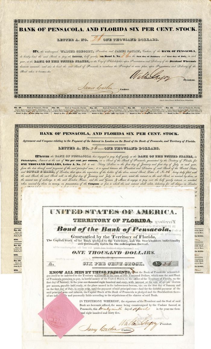 Bond of the Bank of Pensacola - 1830's dated Set of 3 Bonds - Great Florida Territory Collection