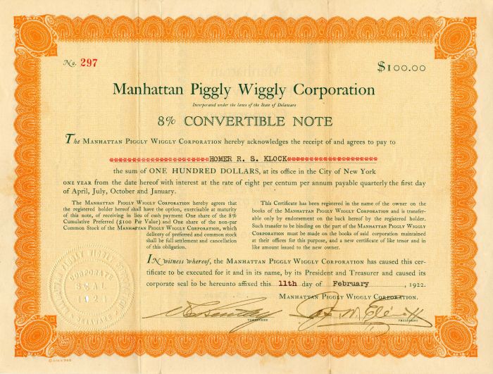 Manhattan Piggly Wiggly Corporation - $100 Convertible Note