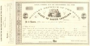1860's dated Military Defence of the State of South Carolina - Unissued Bond - Charleston, South Carolina