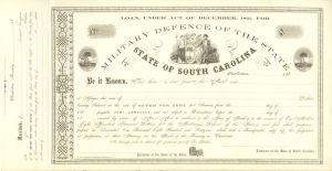 Military Defence of the State of South Carolina - 1860's dated Unissued Defence Bond - Charleston, South Carolina