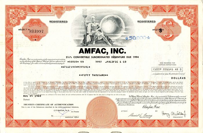 AMFAC, Inc. formly known as American Factors - $50,000 Bond