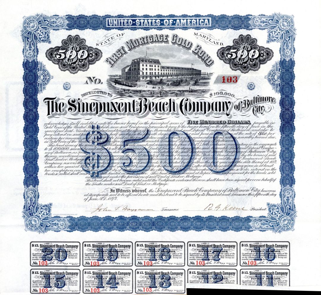 Sinepuxent Beach Co. - 1892 dated $500 Bond