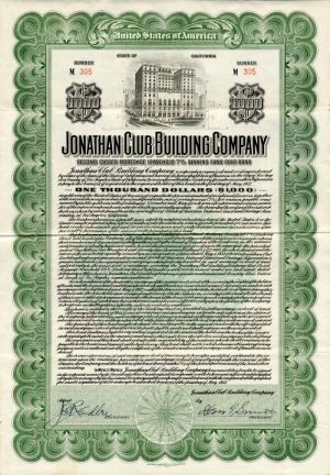 Jonathan Club Building Co. - $1,000 Bond