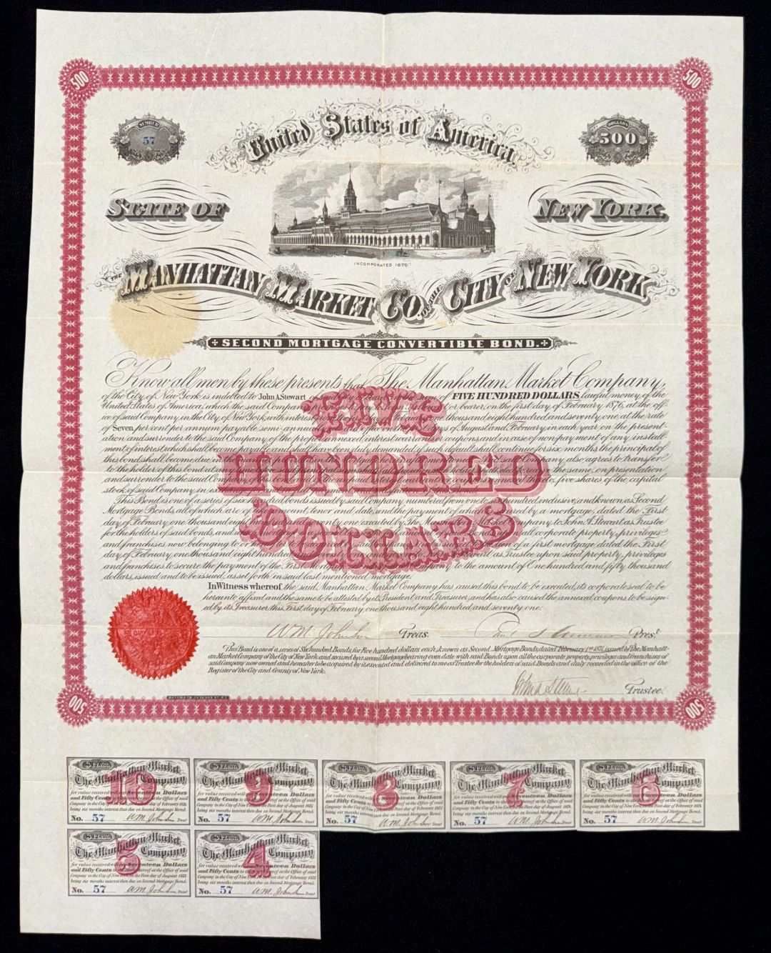 Manhattan Market Co. of the City of New York - 1871 dated $500 Bond (Uncanceled)