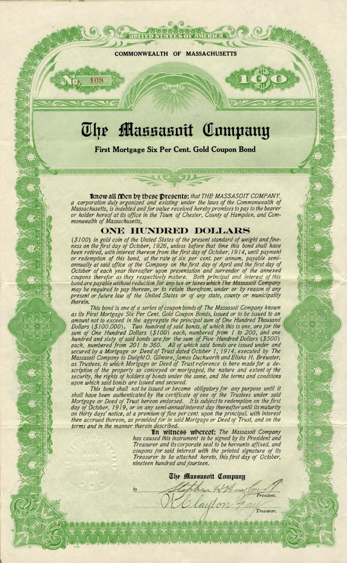 Massasoit Co. - $100 Bond