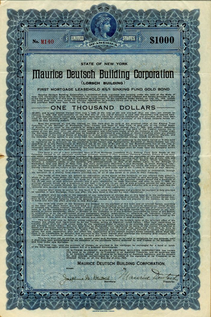 Maurice Deutsch Building Corporation - $1,000 Bond