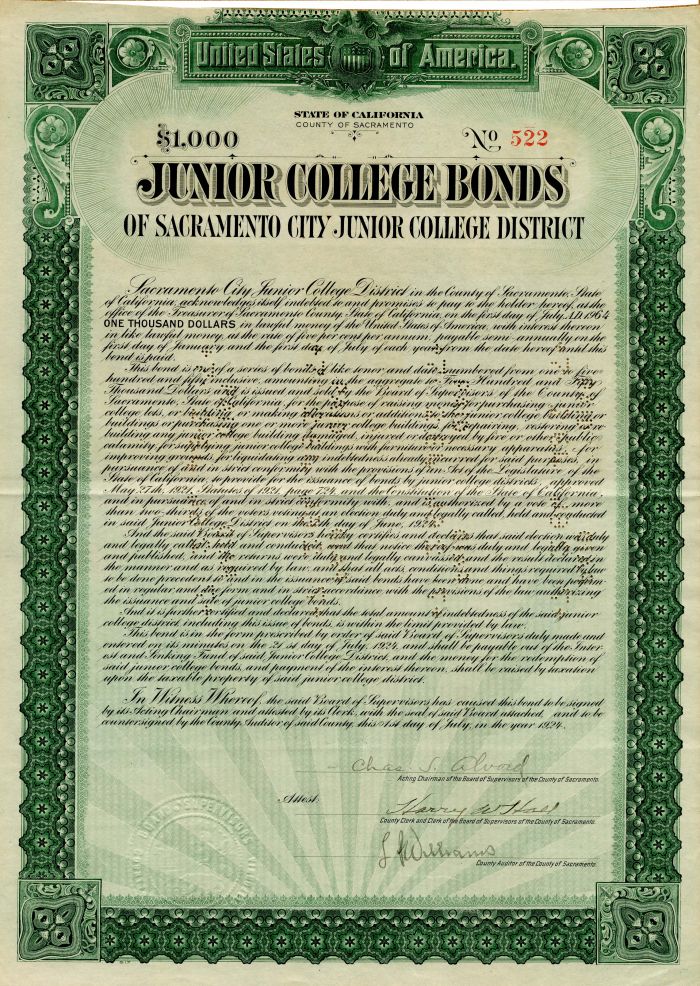 Junior College Bonds - $1,000 Bond
