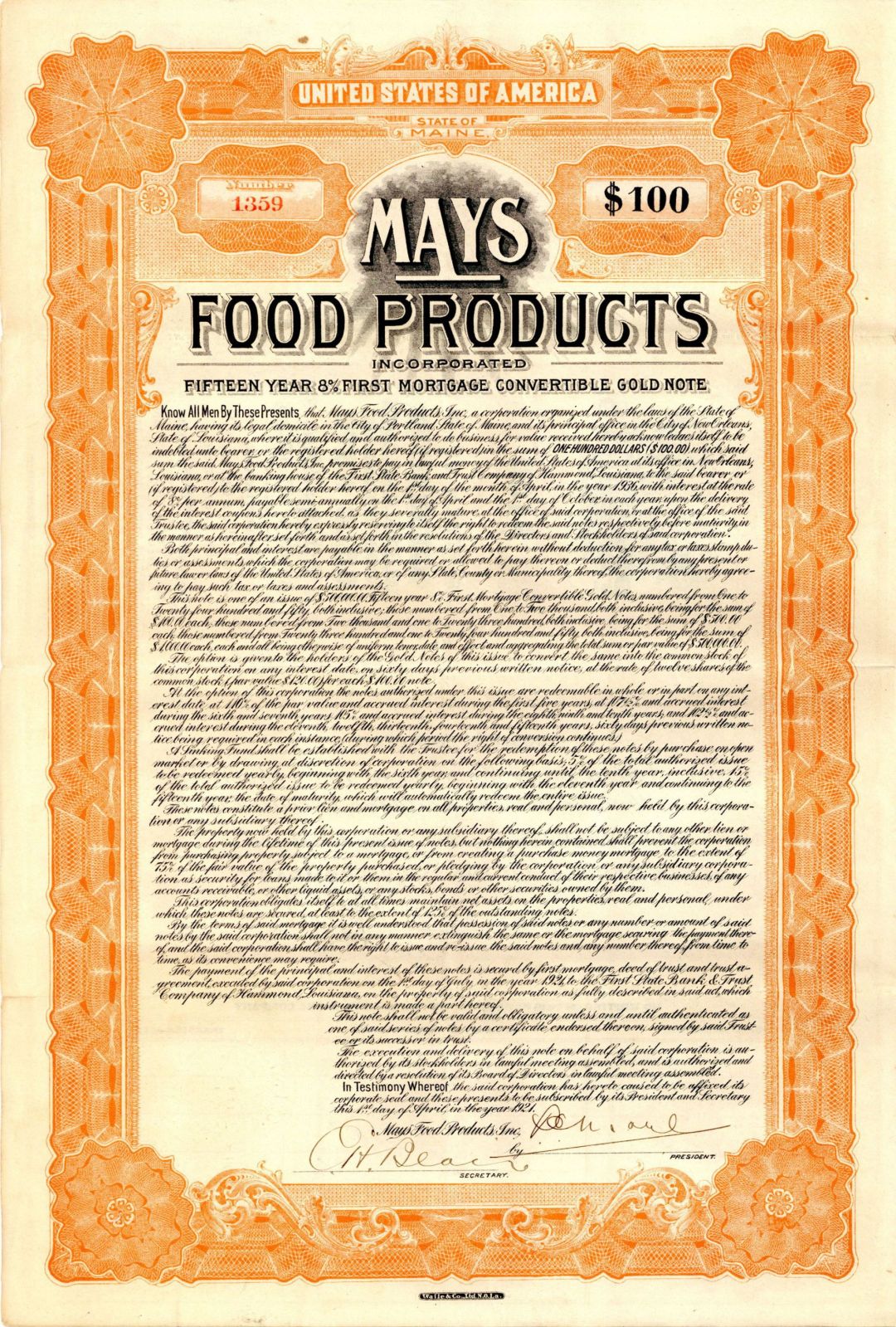 Mays Food Products Inc. dated 1921 - $100 Bond