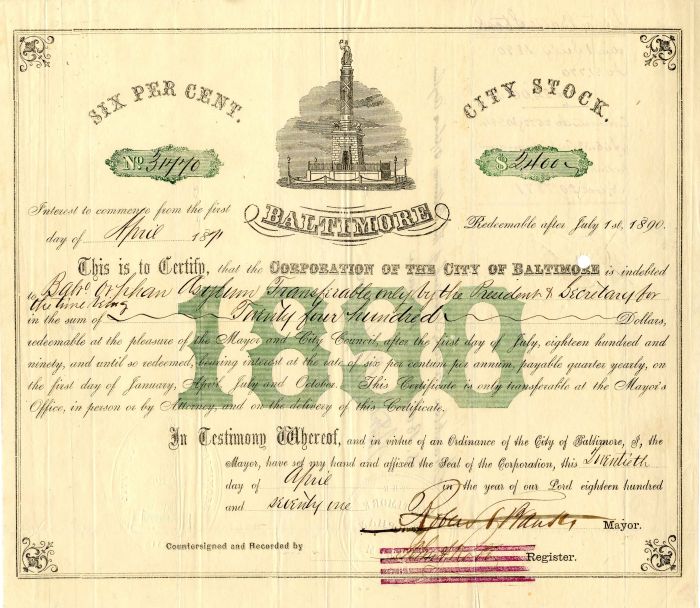 Corporation of the City of Baltimore - $2,400 Bond