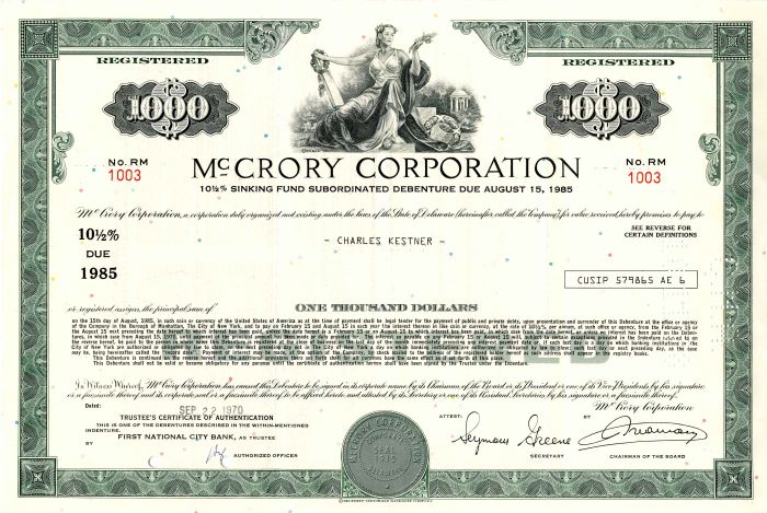 McCrory Corporation - $1,000 Bond