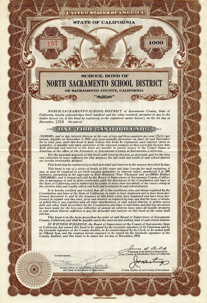 School Bond of North Sacramento School District - $1,000 Bond