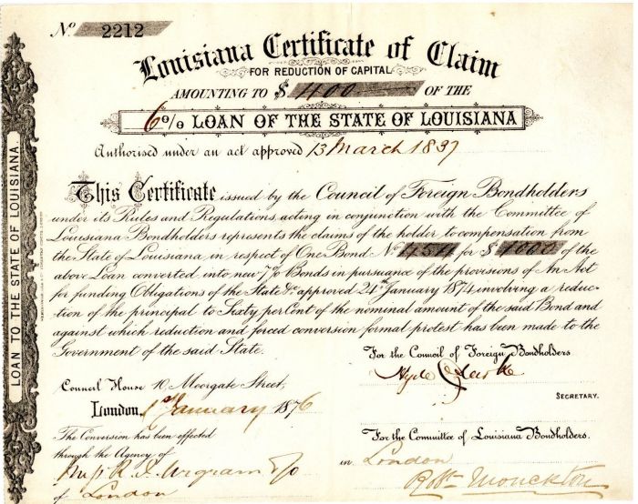 Louisiana Certificate of Claim - $1,000 Bond