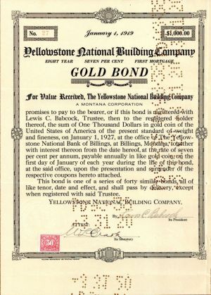 Yellowstone National Building Company - $1,000 Bond