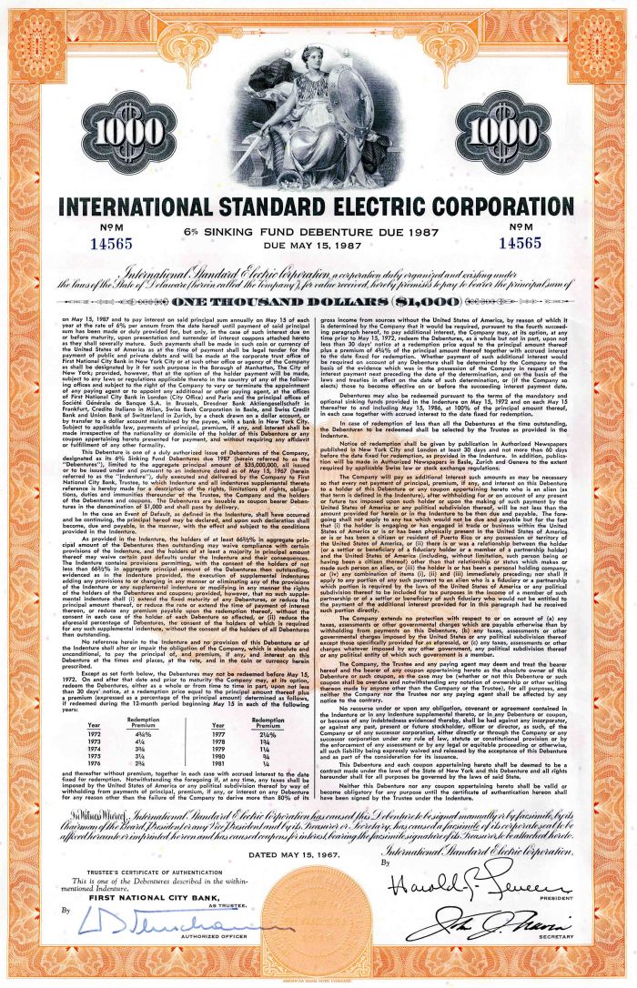 International Standard Electric Corporation - $1,000 Bond