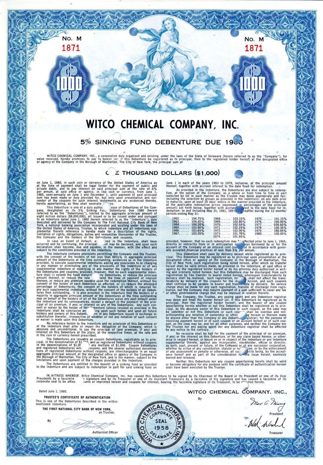 Witco Chemical Co., Inc. - $1,000 Bond - Affiliated with the Crompton Corporation