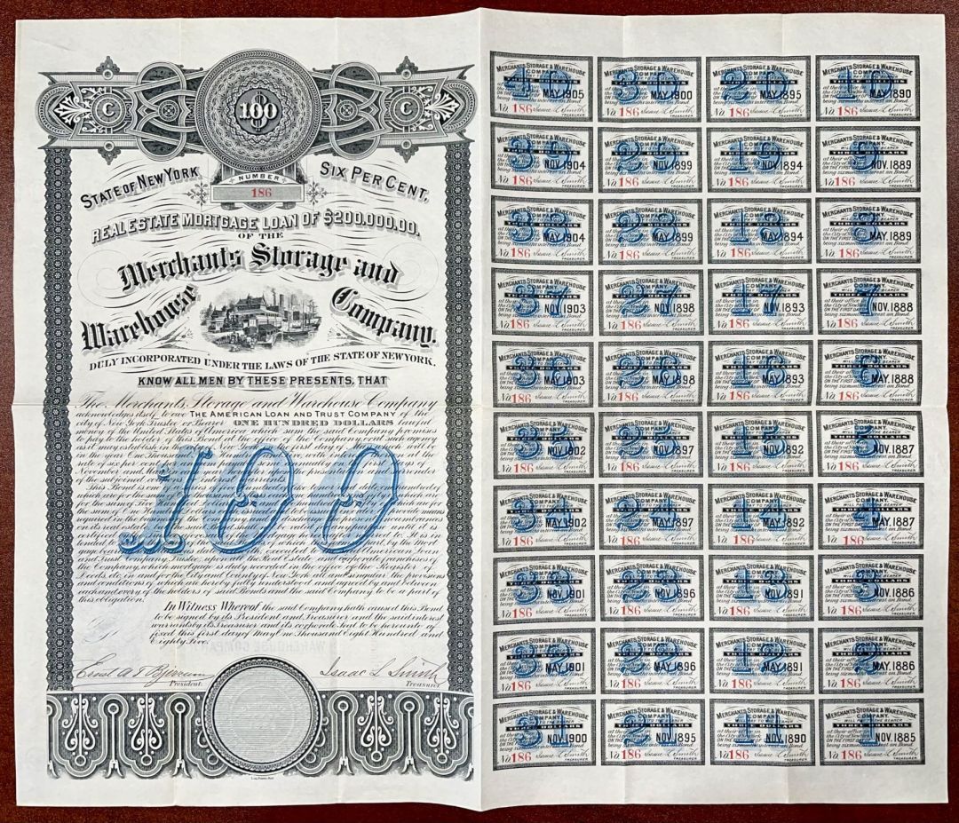 Merchants Storage and Warehouse Co. - 1885 dated $100 Uncanceled Real Estate Mortgage Bond - Fantastic Design