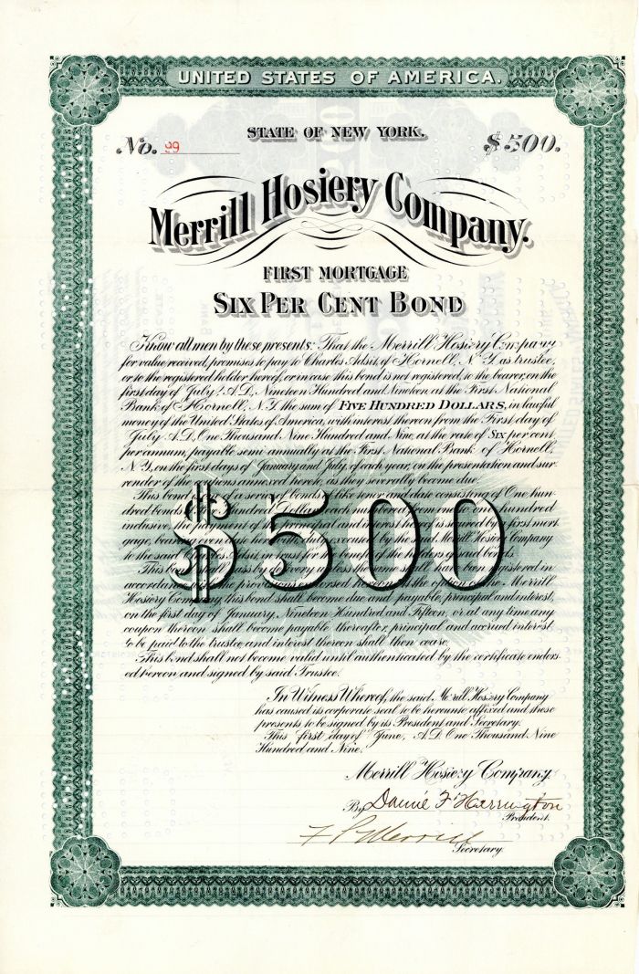 Merrill Hosiery Co. - $500 Bond