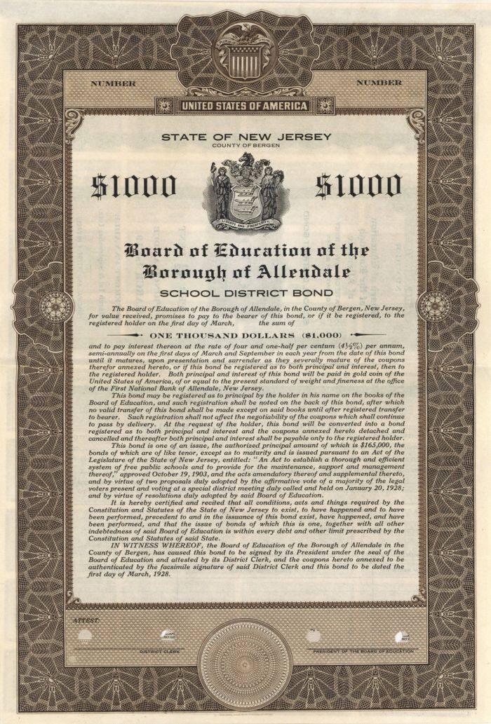 Board of Education of the Borough of Allendale - $1,000 Bond