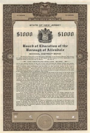 Board of Education of the Borough of Allendale - $1,000 Bond