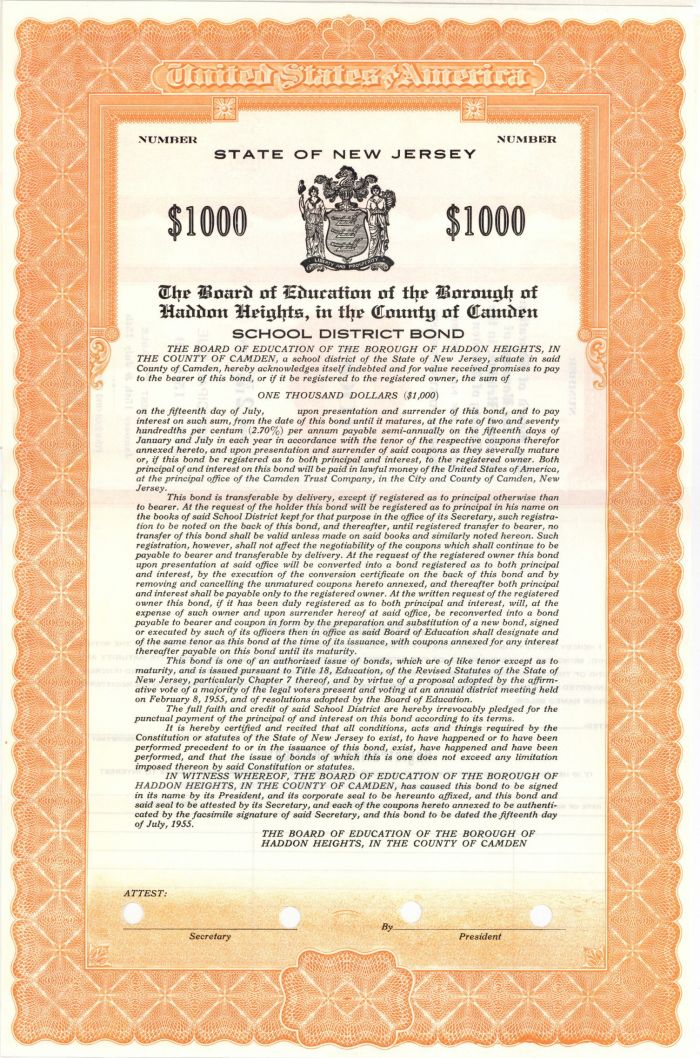Board of Education of the Borough of Haddon Heights, in the County of Camden - $1,000 Bond
