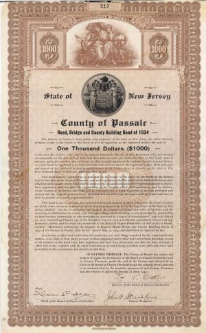 County of Passaic - $1,000 Bond - Road, Bridge and County Building Bond of 1934