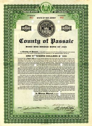 County of Passaic - $1,000 Bond - Road and Bridge Bond of 1929