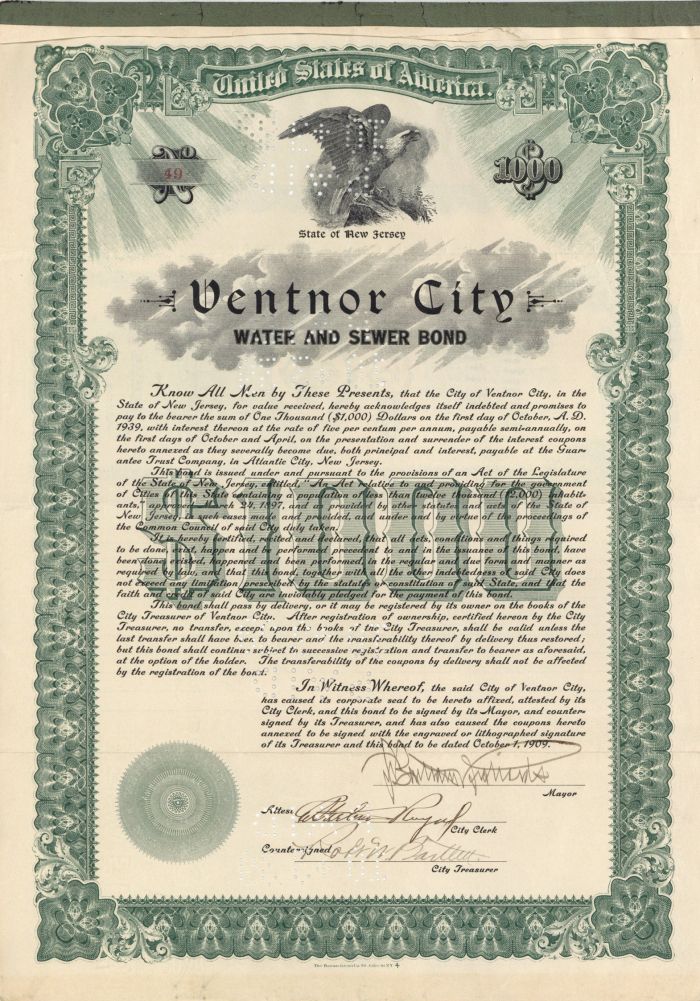 Ventnor City Water and Sewer Bond - $1,000 Bond