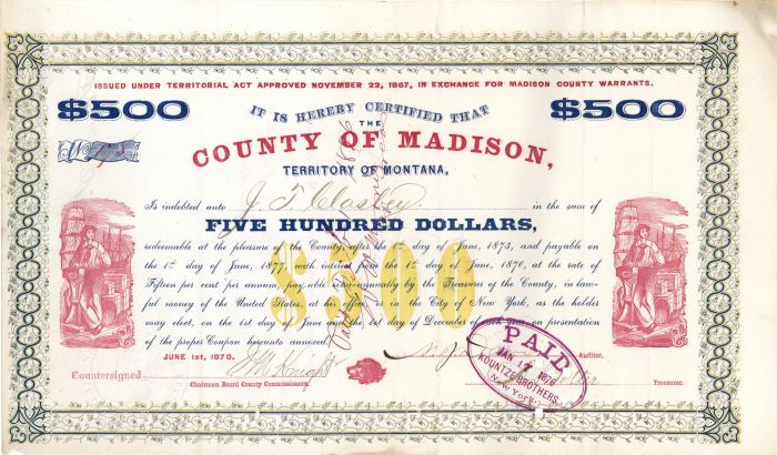 County of Madison, Territory of Montana - $500 Bond