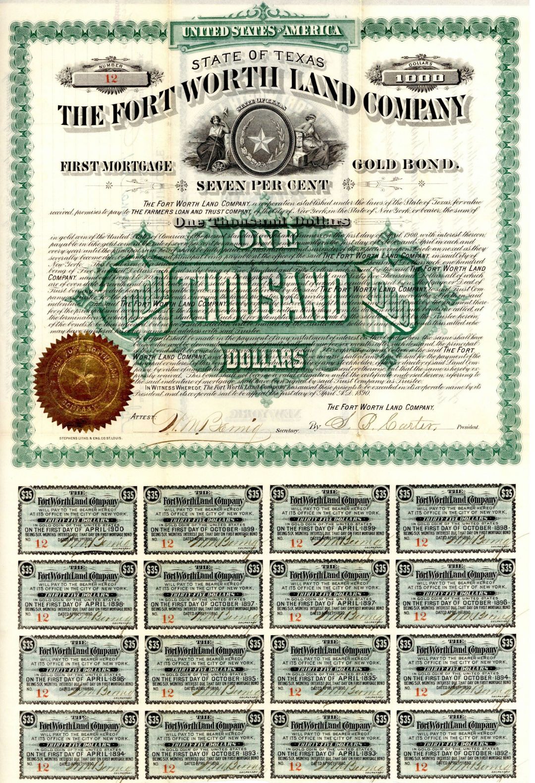 Fort Worth Land Co. - 1890 dated 7% $1,000 Gold Bond - Gorgeous Texas Bond