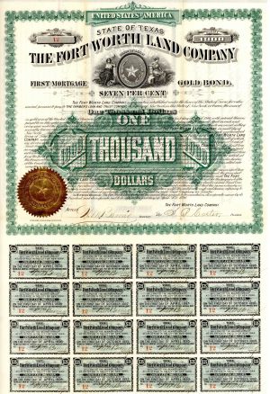 Fort Worth Land Co. - 1890 dated 7% $1,000 Gold Bond - Gorgeous Texas Bond